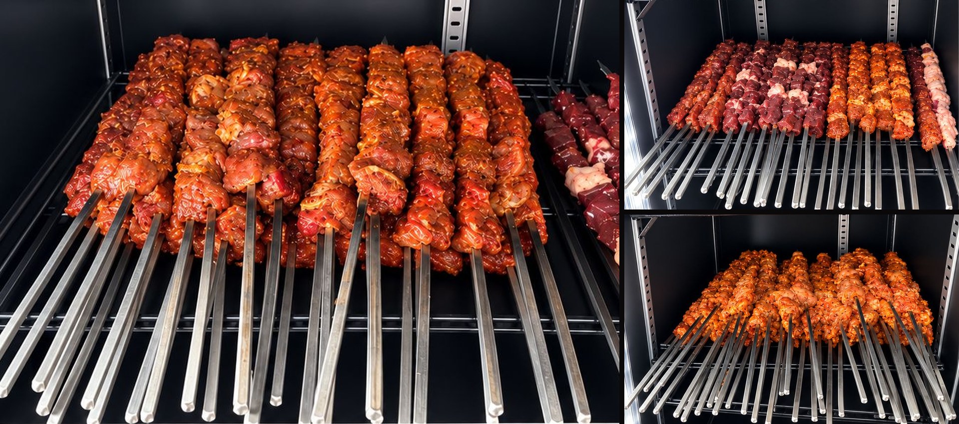 Verse gemarineerde adana, kip, lamsvlees en lever spiesen in de koeling van Ayintap Kebap & Catering in Zwolle